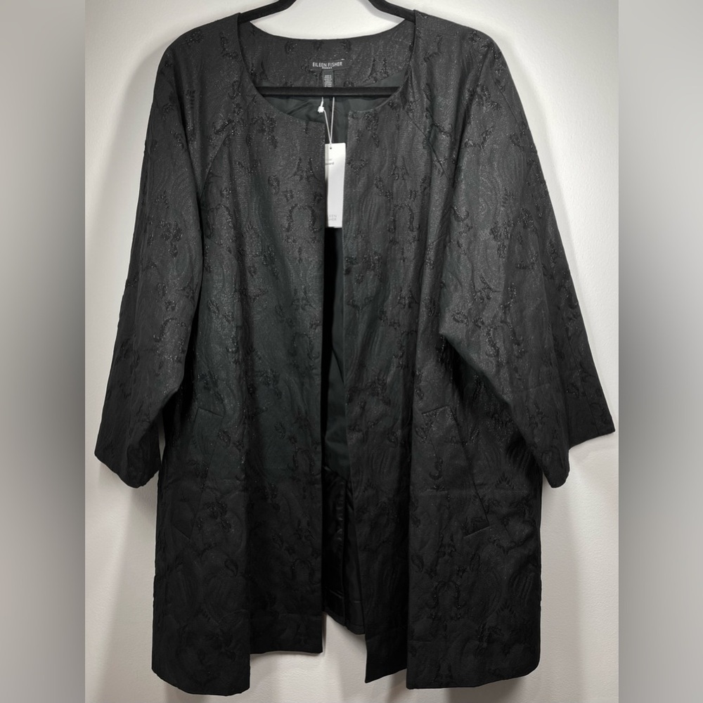 NWT EILEEN FISHER Jacquard Embroidered Open Front‎ Black Shimmer Blazer Size 2X